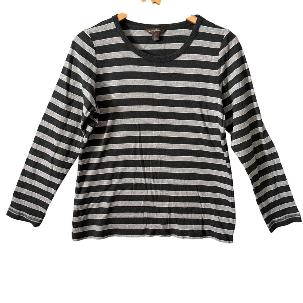 Tommy Bahama Women Sz Lg Preppy Gray Striped Long Sleeve Cotton Top Timeless